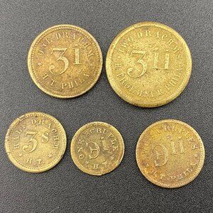 5 x Scruples Drachms H. Troemner, Phila. Apothecary Weight Token RARE 3ii 3i 3s